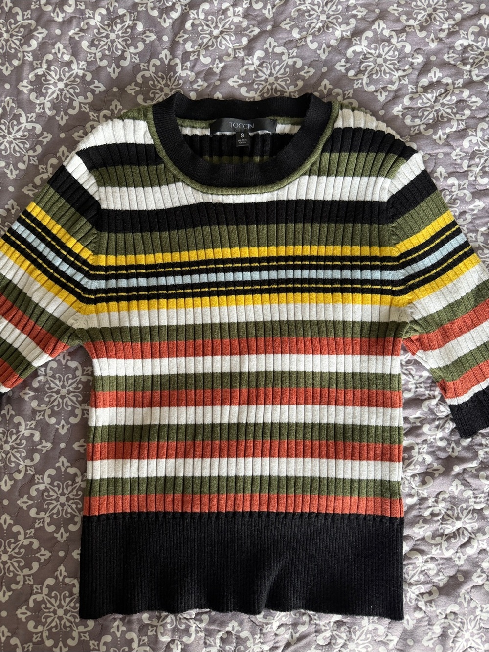 Tocca Men’s Striped Crewneck Sweater in Olive, Rust, Black & Yellow